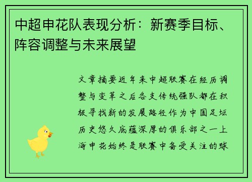 中超申花队表现分析：新赛季目标、阵容调整与未来展望